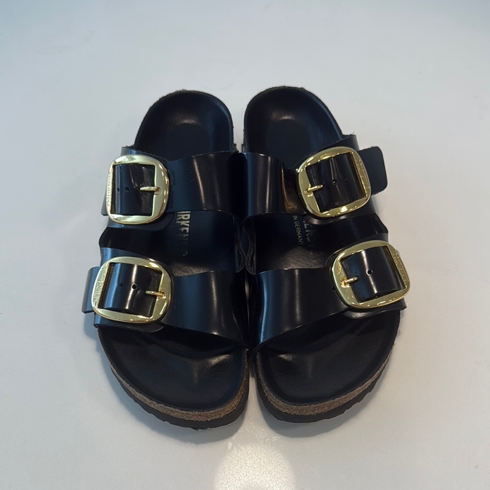 Black Birkenstock Sandals with Gold Buckles